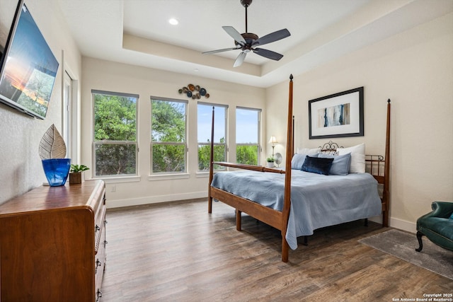 1015 Broken Spoke, Canyon Lake, TX 78133 - bedroom featuring wood finished floors, a raised ceiling, baseboards, recessed lighting, and a ceiling fan