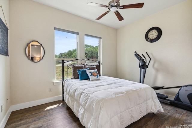 1015 Broken Spoke, Canyon Lake, TX 78133 - bedroom featuring multiple windows, baseboards, wood finished floors, and ceiling fan