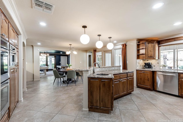 113 Wickford, Castle Hills, TX 78213 - kitchen with stainless steel dishwasher, a sink, decorative backsplash, recessed lighting, and open shelves
