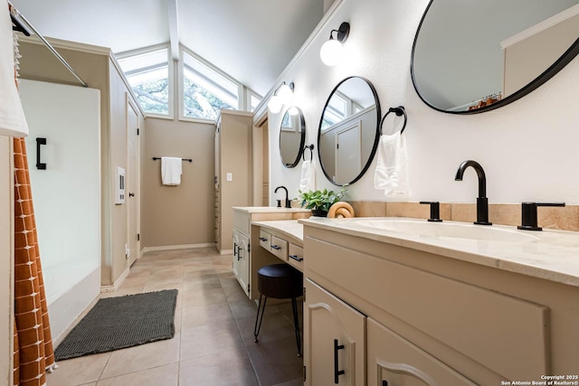 113 Wickford, Castle Hills, TX 78213 - full bath featuring lofted ceiling, tile patterned floors, double vanity, bathtub / shower combination, and baseboards