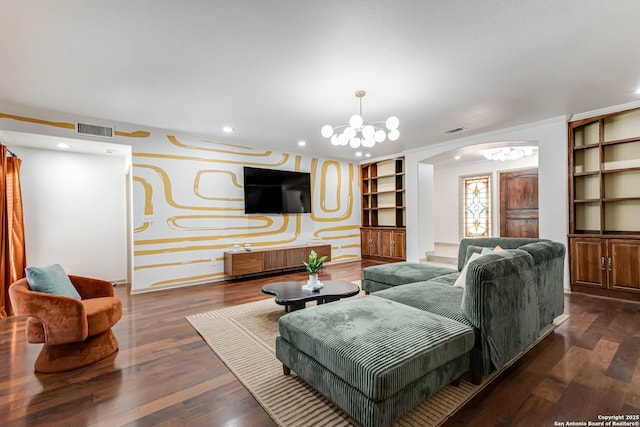 113 Wickford, Castle Hills, TX 78213 - living area with a chandelier, arched walkways, wood finished floors, recessed lighting, and radiator heating unit
