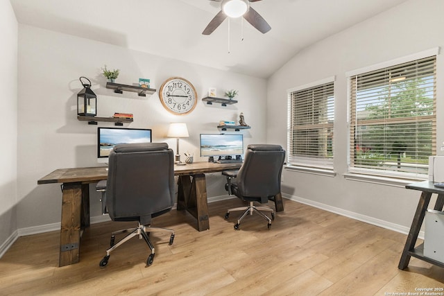 10226 Amaryllis, Boerne, TX 78006 - office space with a ceiling fan, lofted ceiling, light wood-style floors, and baseboards