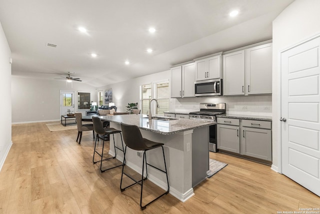 10226 Amaryllis, Boerne, TX 78006 - kitchen with appliances with stainless steel finishes, a sink, a center island with sink, gray cabinets, and tasteful backsplash