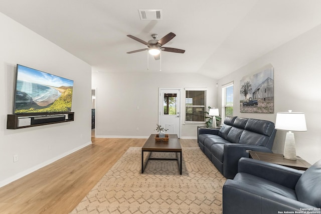 10226 Amaryllis, Boerne, TX 78006 - living room featuring light wood-type flooring, ceiling fan, lofted ceiling, and baseboards