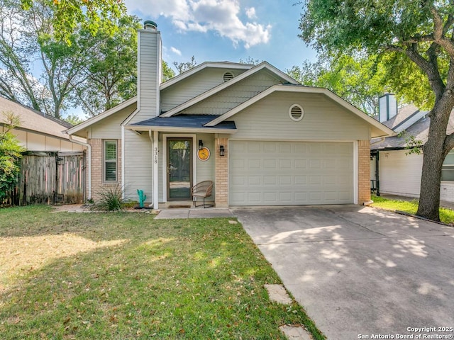 3318 Stone Cave, San Antonio, TX 78247 - view of front of home featuring brick siding, an attached garage, concrete driveway, and a chimney