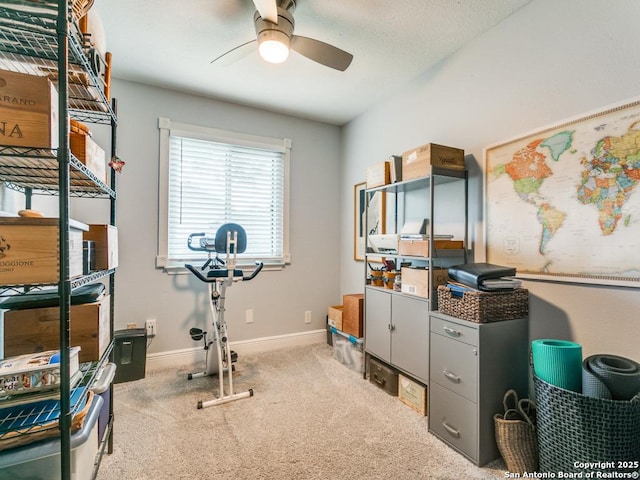 3318 Stone Cave, San Antonio, TX 78247 - workout area with a ceiling fan, carpet floors, and baseboards