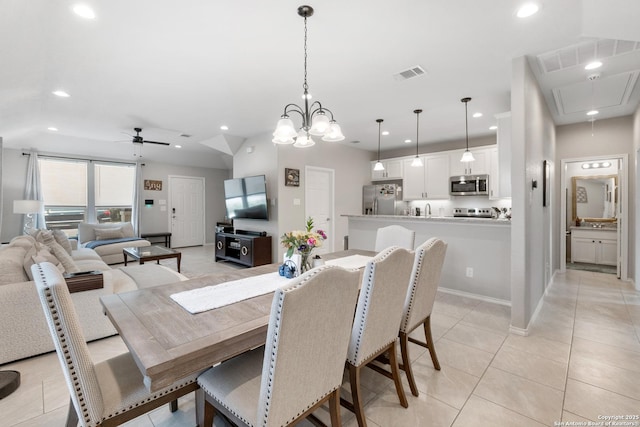 422 42nd, San Antonio, TX 78237 - dining space featuring attic access, a ceiling fan, recessed lighting, light tile patterned flooring, and baseboards