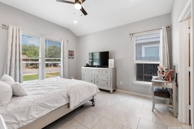 422 42nd, San Antonio, TX 78237 - bedroom featuring vaulted ceiling, baseboards, a ceiling fan, tile patterned flooring, and recessed lighting