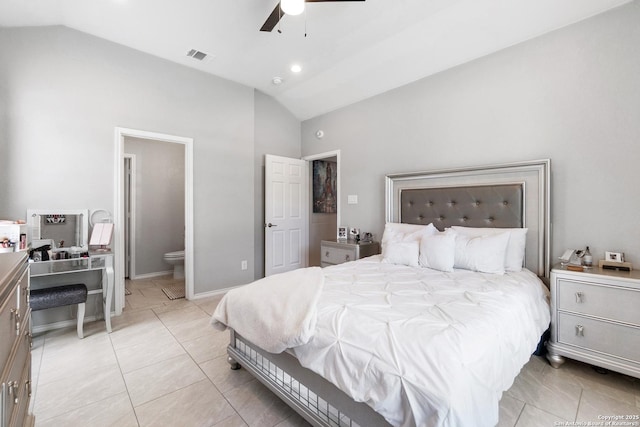 422 42nd, San Antonio, TX 78237 - bedroom featuring ensuite bath, high vaulted ceiling, ceiling fan, an office area, and light tile patterned floors
