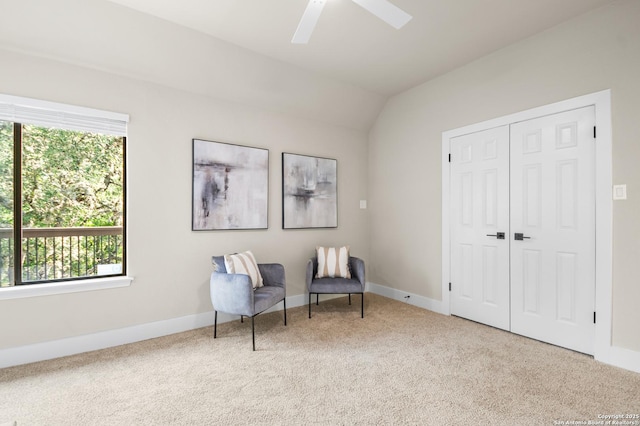 29302 Grand Coteau, Boerne, TX 78015 - sitting room with a ceiling fan, carpet floors, vaulted ceiling, and baseboards