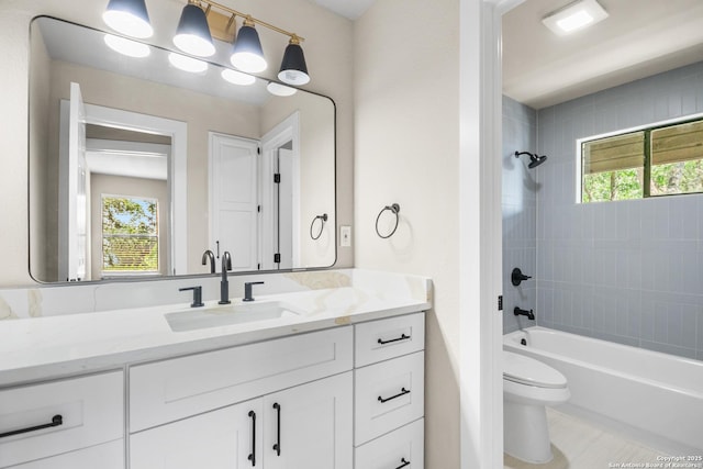 29302 Grand Coteau, Boerne, TX 78015 - bathroom with vanity, toilet, shower / bath combination, and tile patterned flooring