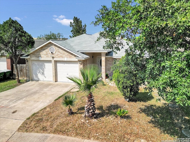 7142 Coral Spgs, San Antonio, TX 78250 - ranch-style house with brick siding, a garage, concrete driveway, and a shingled roof