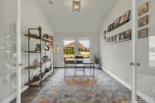 562 Orchard Way, New Braunfels, TX 78132 - home office with french doors, wood finished floors, lofted ceiling, and baseboards