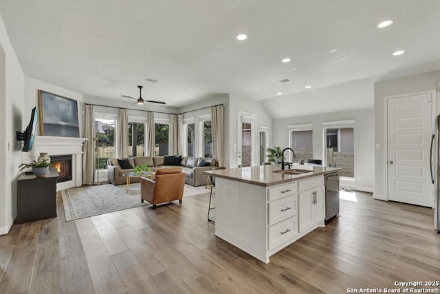 562 Orchard Way, New Braunfels, TX 78132 - kitchen featuring a sink, stainless steel dishwasher, wood finished floors, white cabinets, and recessed lighting
