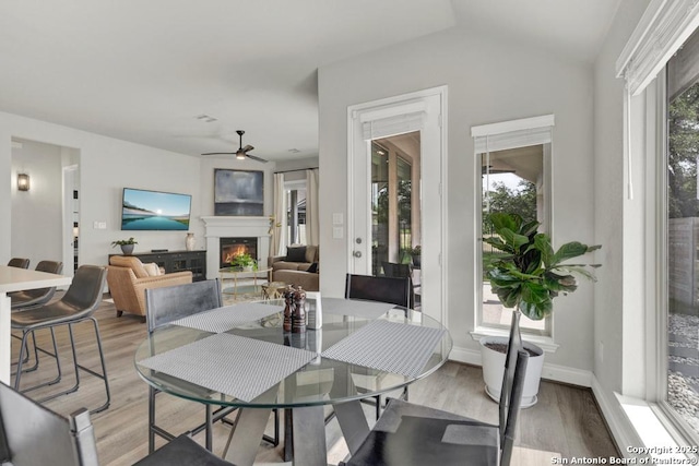 562 Orchard Way, New Braunfels, TX 78132 - dining area featuring plenty of natural light, a ceiling fan, wood finished floors, a warm lit fireplace, and lofted ceiling
