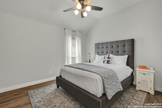 562 Orchard Way, New Braunfels, TX 78132 - bedroom with wood finished floors, lofted ceiling, baseboards, and a ceiling fan