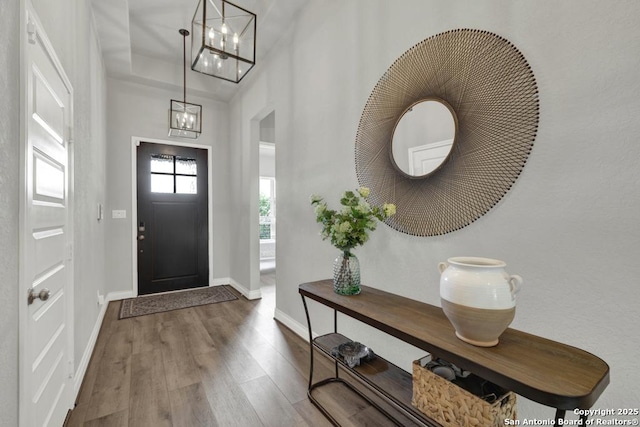 562 Orchard Way, New Braunfels, TX 78132 - foyer featuring a chandelier, wood finished floors, and baseboards