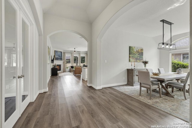 562 Orchard Way, New Braunfels, TX 78132 - foyer with healthy amount of natural light, arched walkways, wood finished floors, and lofted ceiling