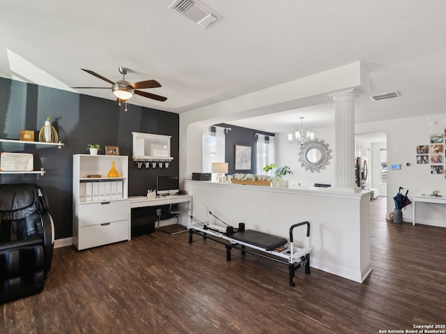 20310 Roche Oak, San Antonio, TX 78259 - living area with a ceiling fan, wood finished floors, a chandelier, baseboards, and arched walkways