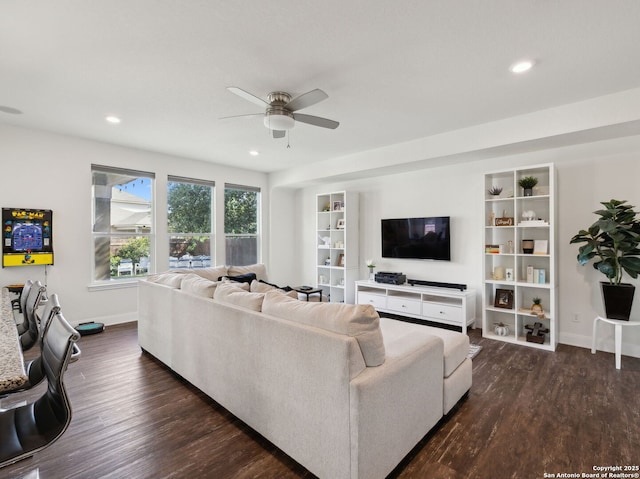20310 Roche Oak, San Antonio, TX 78259 - living room featuring a ceiling fan, dark wood-style floors, baseboards, and recessed lighting