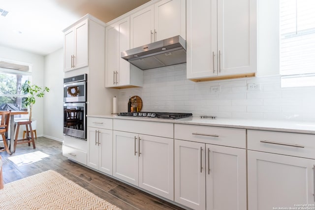 7421 Cimarron Lk, Boerne, TX 78015 - kitchen with ventilation hood, appliances with stainless steel finishes, tasteful backsplash, white cabinets, and wood finished floors