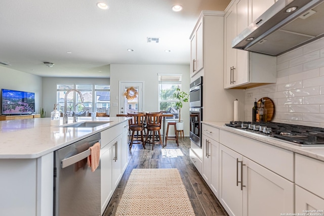 7421 Cimarron Lk, Boerne, TX 78015 - kitchen featuring stainless steel appliances, ventilation hood, a sink, backsplash, and recessed lighting