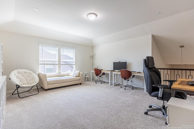 7421 Cimarron Lk, Boerne, TX 78015 - carpeted home office featuring lofted ceiling