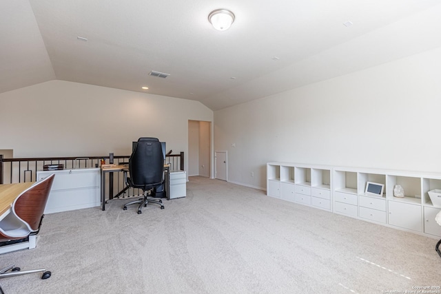 7421 Cimarron Lk, Boerne, TX 78015 - office area featuring vaulted ceiling, carpet floors, and baseboards