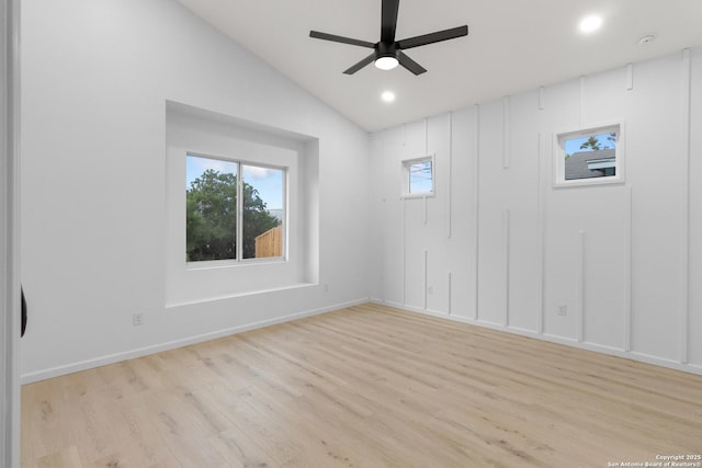 1422 Sherman, San Antonio, TX 78202 - empty room with light wood-style flooring, a ceiling fan, lofted ceiling, baseboards, and recessed lighting