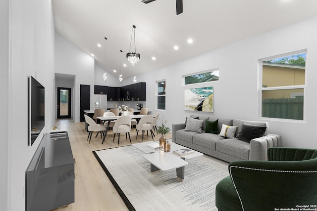 1422 Sherman, San Antonio, TX 78202 - living area featuring light wood-type flooring, recessed lighting, high vaulted ceiling, and ceiling fan