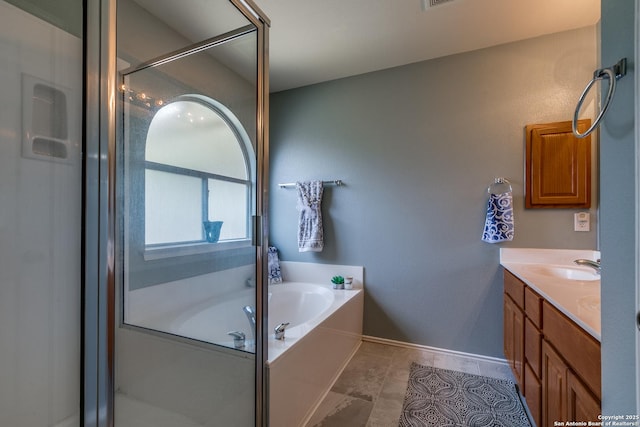 12707 Avens Arbor, San Antonio, TX 78253 - full bath featuring vanity, a bath, a shower stall, and baseboards