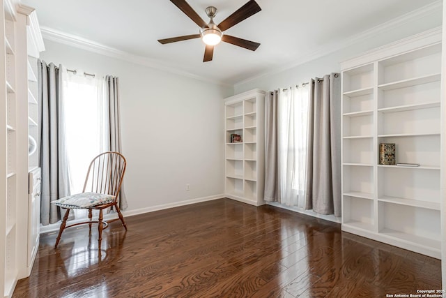 3319 Brooktree Ct, San Antonio, TX 78261 - unfurnished room featuring plenty of natural light, ceiling fan, dark wood-style flooring, baseboards, and crown molding