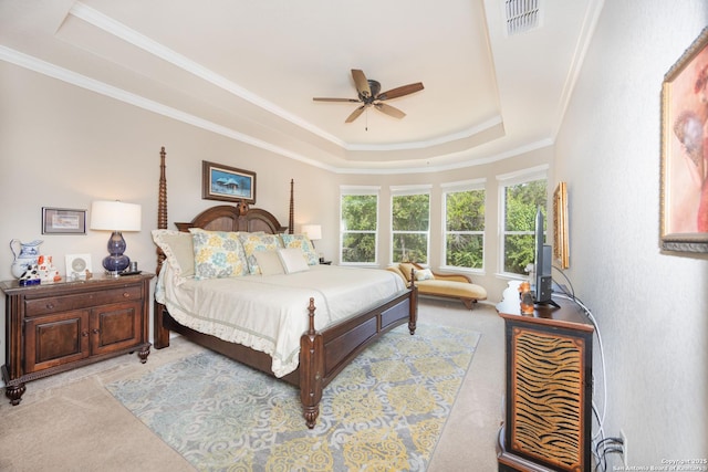 10772 Texas Star, Helotes, TX 78023 - bedroom featuring a raised ceiling, light colored carpet, and crown molding