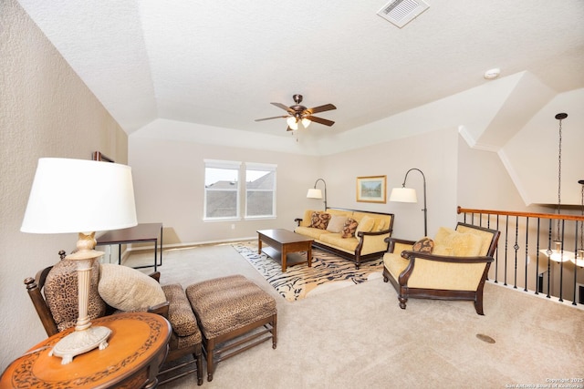 10772 Texas Star, Helotes, TX 78023 - carpeted living room with ceiling fan and a textured ceiling
