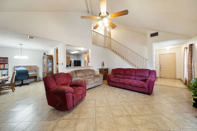 11334 Bald Mountain Dr, San Antonio, TX 78245 - living room with stairway, a chandelier, light tile patterned floors, an office area, and ceiling fan