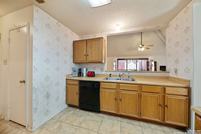 11334 Bald Mountain Dr, San Antonio, TX 78245 - kitchen featuring dishwasher, a sink, a textured ceiling, light countertops, and wallpapered walls