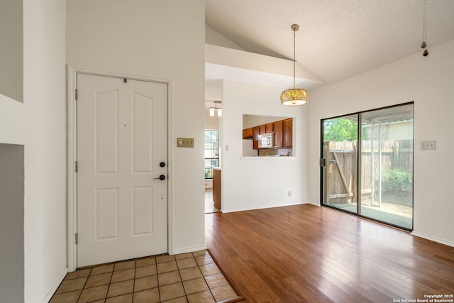 5810 Spring Grn, San Antonio, TX 78247 - foyer entrance with lofted ceiling, wood finished floors, a textured ceiling, and baseboards