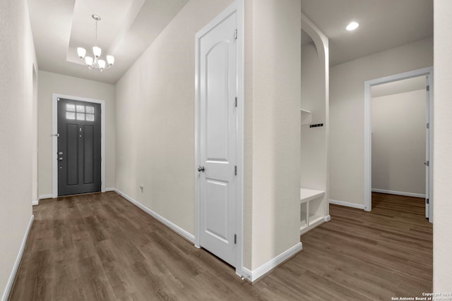 6595 Mason Vly, Schertz, TX 78108 - foyer entrance featuring wood finished floors, a chandelier, and baseboards