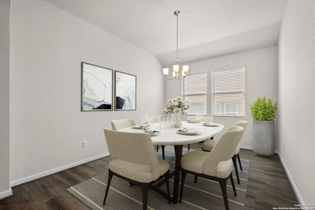 6595 Mason Vly, Schertz, TX 78108 - dining space with dark wood-style floors, a chandelier, lofted ceiling, and baseboards