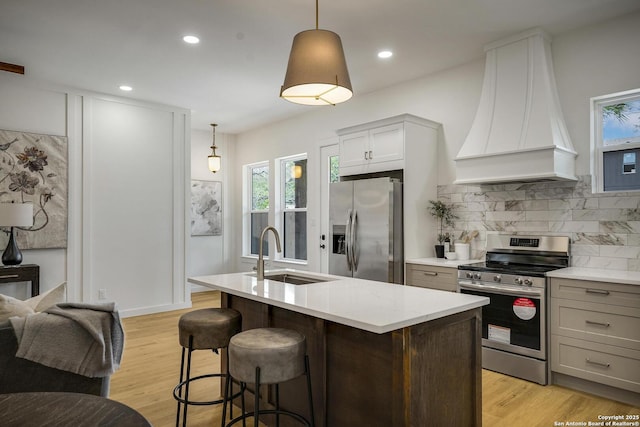 1947 W French Pl, San Antonio, TX 78201 - kitchen featuring stainless steel appliances, a sink, custom range hood, backsplash, and a kitchen island with sink