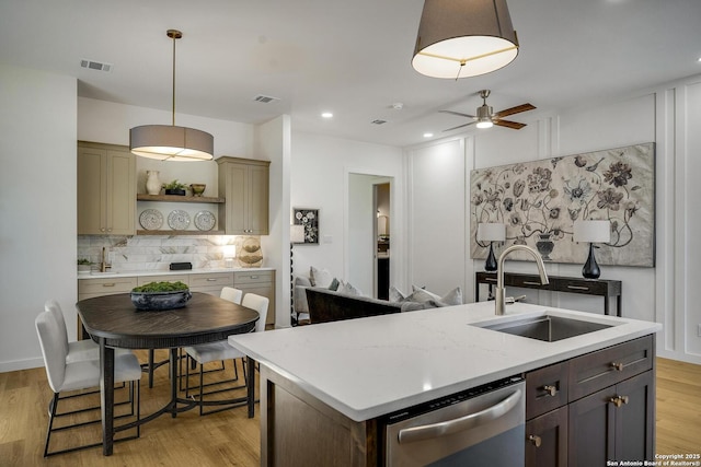 1947 W French Pl, San Antonio, TX 78201 - kitchen featuring stainless steel dishwasher, a sink, open shelves, backsplash, and ceiling fan