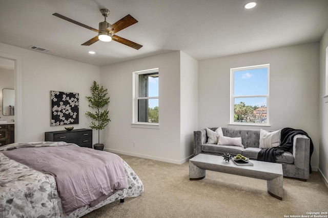 1947 W French Pl, San Antonio, TX 78201 - carpeted bedroom with baseboards, recessed lighting, ensuite bath, and ceiling fan