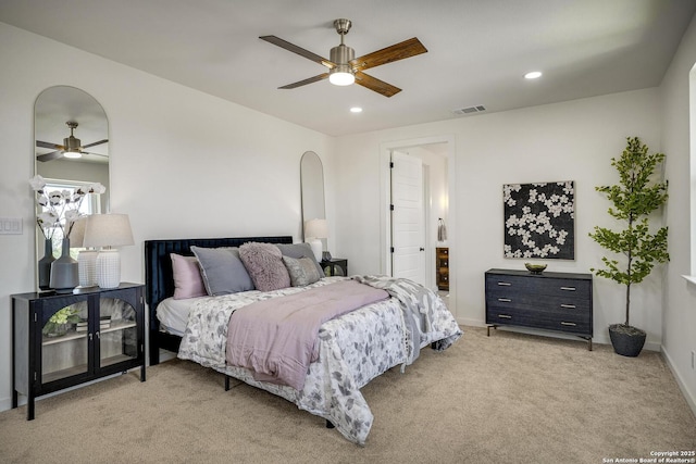 1947 W French Pl, San Antonio, TX 78201 - bedroom with light colored carpet, recessed lighting, baseboards, and a ceiling fan