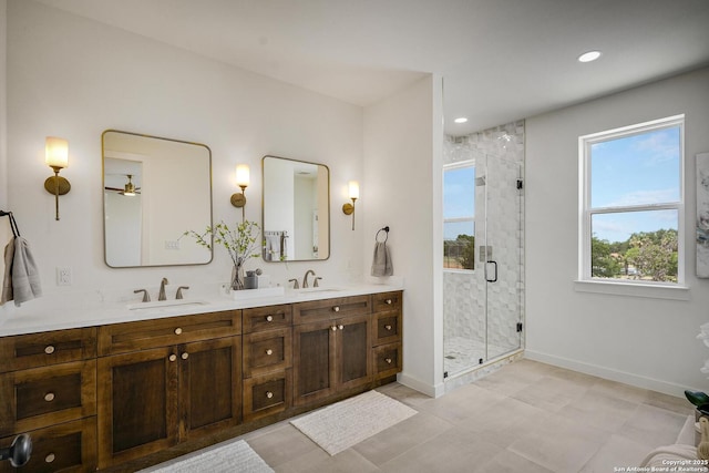 1947 W French Pl, San Antonio, TX 78201 - full bath featuring double vanity, a shower stall, baseboards, and recessed lighting