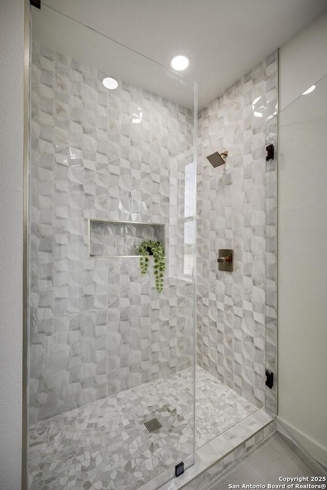 1947 W French Pl, San Antonio, TX 78201 - full bathroom featuring a stall shower, recessed lighting, and tile patterned flooring