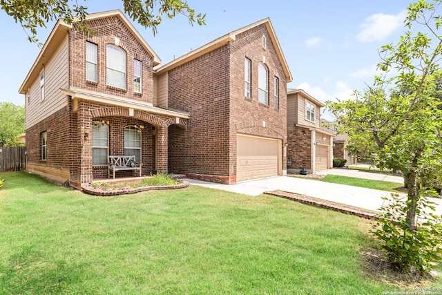 8607 Lahemaa, San Antonio, TX 78251 - traditional-style home featuring brick siding, an attached garage, concrete driveway, and a porch