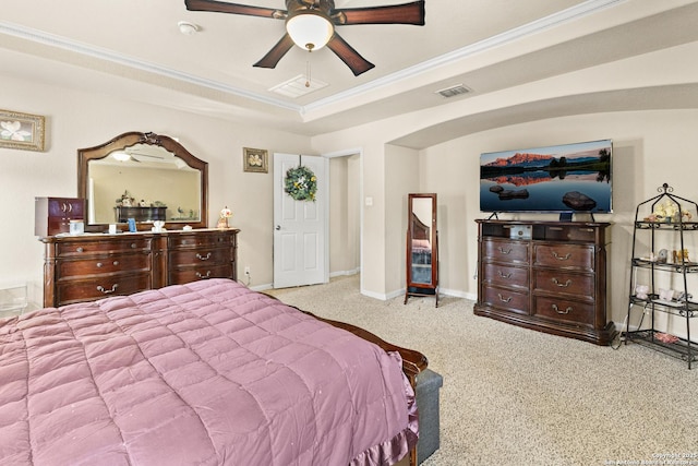 8607 Lahemaa, San Antonio, TX 78251 - bedroom with carpet, a raised ceiling, baseboards, ornamental molding, and ceiling fan