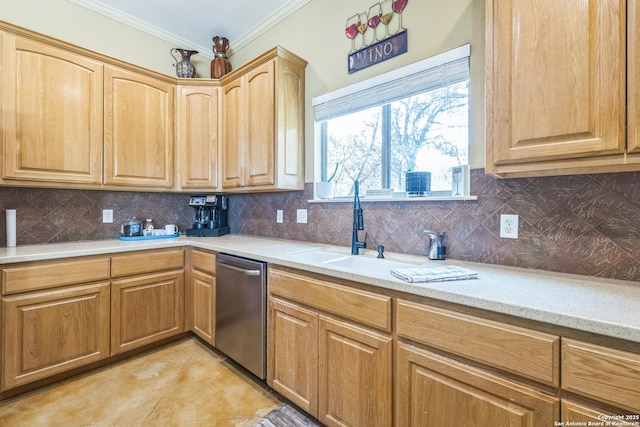 448 Western, Bandera, TX 78003 - kitchen with stainless steel dishwasher, backsplash, crown molding, light tile patterned flooring, and a sink