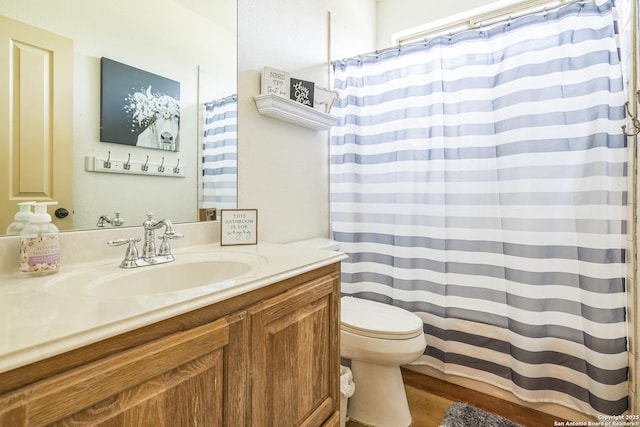 448 Western, Bandera, TX 78003 - bathroom featuring vanity, toilet, and a shower with shower curtain