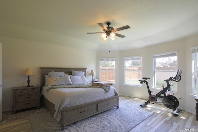 12106 Calm Hbr, San Antonio, TX 78253 - bedroom featuring multiple windows, wood finished floors, baseboards, and a ceiling fan